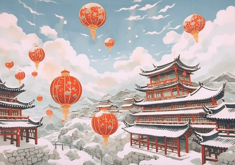 城楼听雪大寒节气唯美意境风景插画背景图,插画/手绘图,插画/手绘图库,插画/手绘图下载,插画/手绘